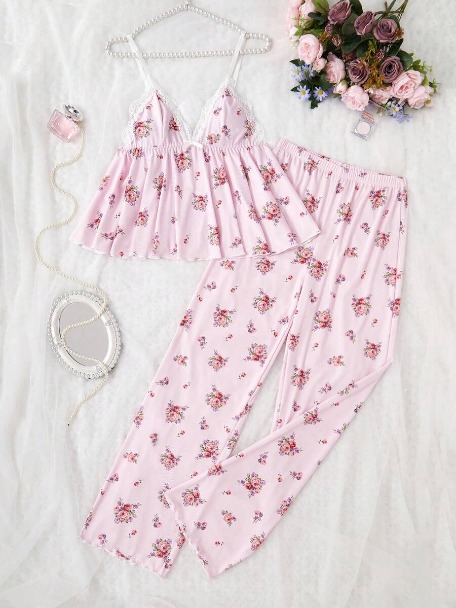Women's Ditsy Floral Pajama Set V Neck Lace Patchwork Camisole And Pants Elegant Sleepwear Outfit Romantic Vacation Nightwear For Ladies
