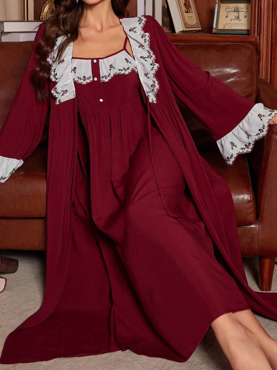 Women's Floral Embroidery Pajama Set With Flare Sleeve Top And Pants Elegant Romantic Sleepwear Outfit Vacation Holiday Nightwear