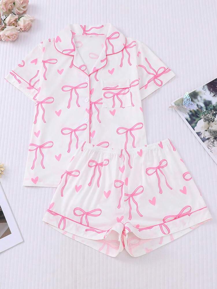 2pcs Women's Pajama Set Short Sleeve Button Shirt With Bow Print And Loose Shorts Comfortable Casual Loungewear Sleepwear All Seasons