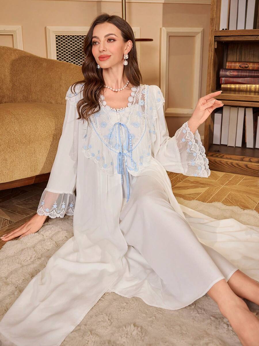 Women's 2pcs Pajama Set Floral Embroidered Cami Nightgown And Lace Splice Robe Elegant Sleepwear Outfit Romantic Fall Casual Nightwear