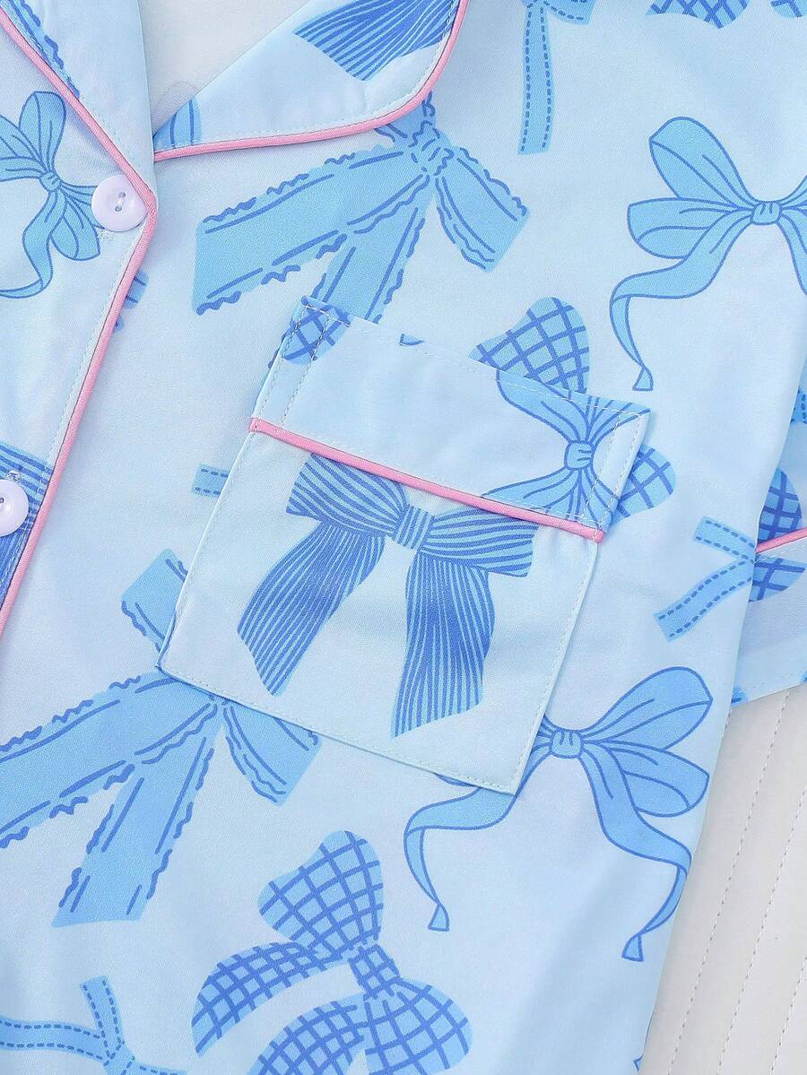 2pcs Women's Pajama Set Short Sleeve Button Shirt With Bow Print And Loose Shorts Comfortable Casual Loungewear Sleepwear All Seasons