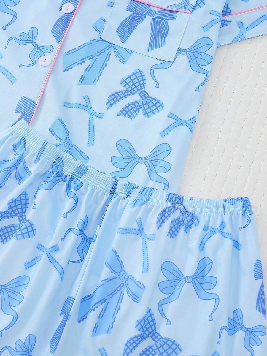 2pcs Women's Pajama Set Short Sleeve Button Shirt With Bow Print And Loose Shorts Comfortable Casual Loungewear Sleepwear All Seasons
