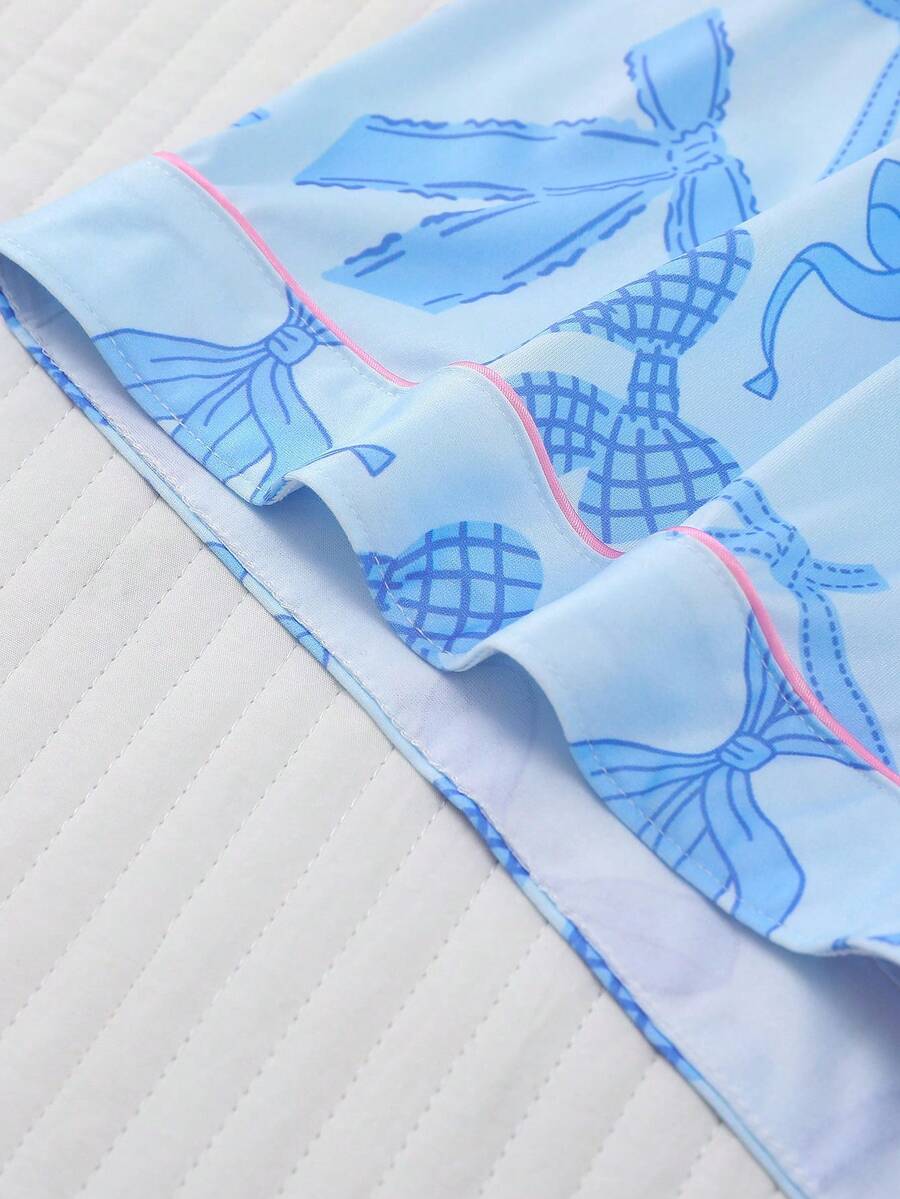 2pcs Women's Pajama Set Short Sleeve Button Shirt With Bow Print And Loose Shorts Comfortable Casual Loungewear Sleepwear All Seasons