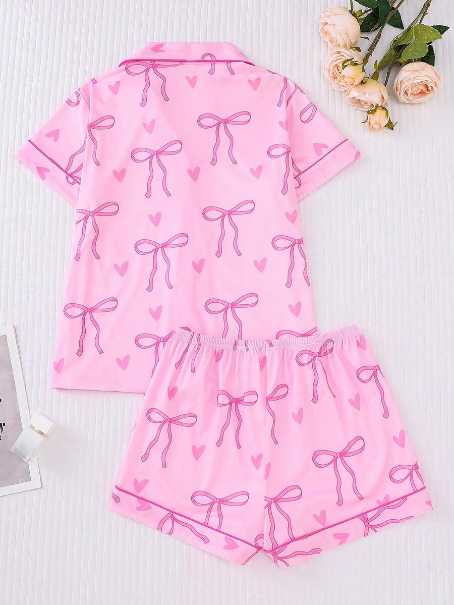 2pcs Women's Pajama Set Short Sleeve Button Shirt With Bow Print And Loose Shorts Comfortable Casual Loungewear Sleepwear All Seasons