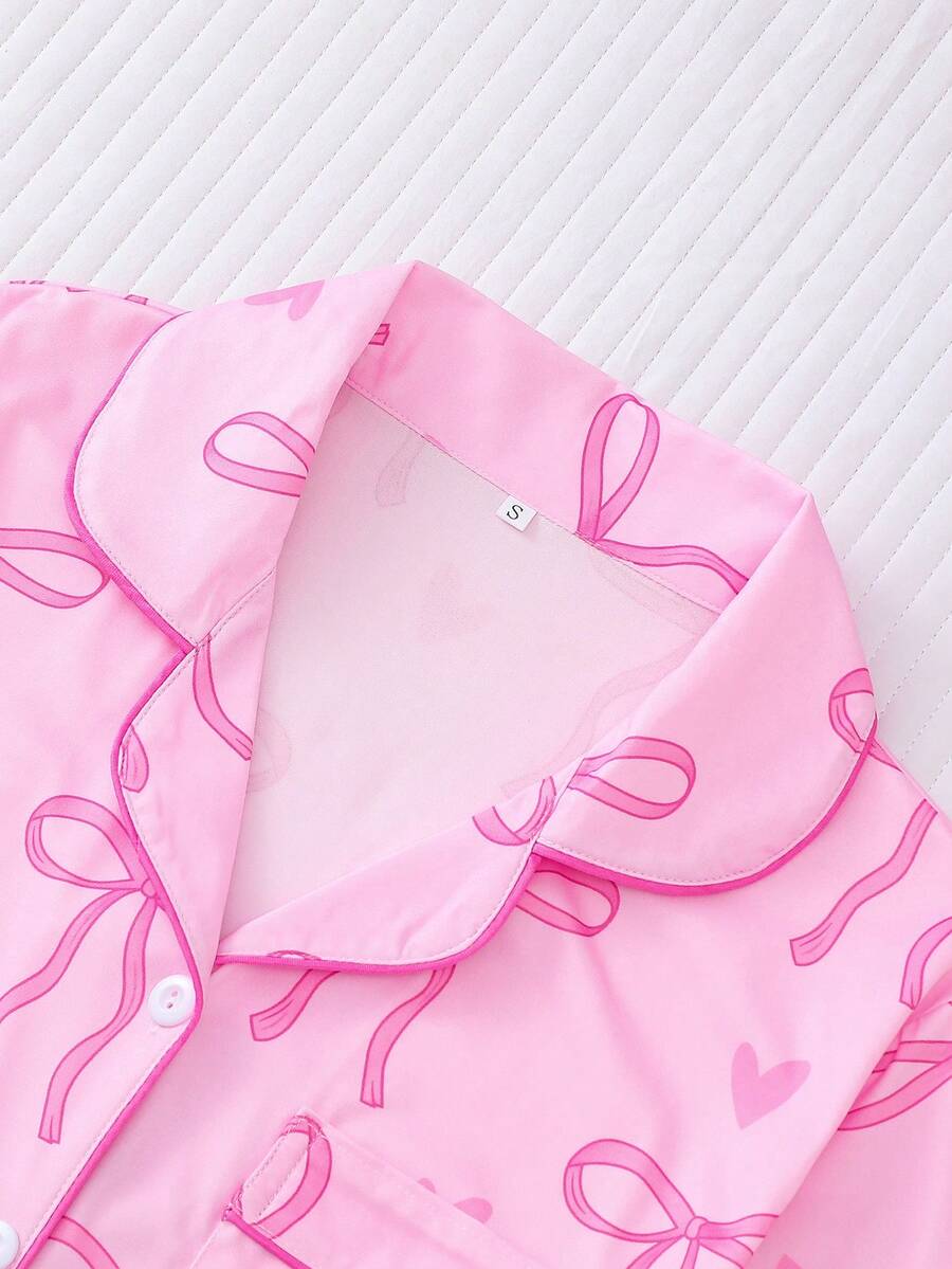 2pcs Women's Pajama Set Short Sleeve Button Shirt With Bow Print And Loose Shorts Comfortable Casual Loungewear Sleepwear All Seasons