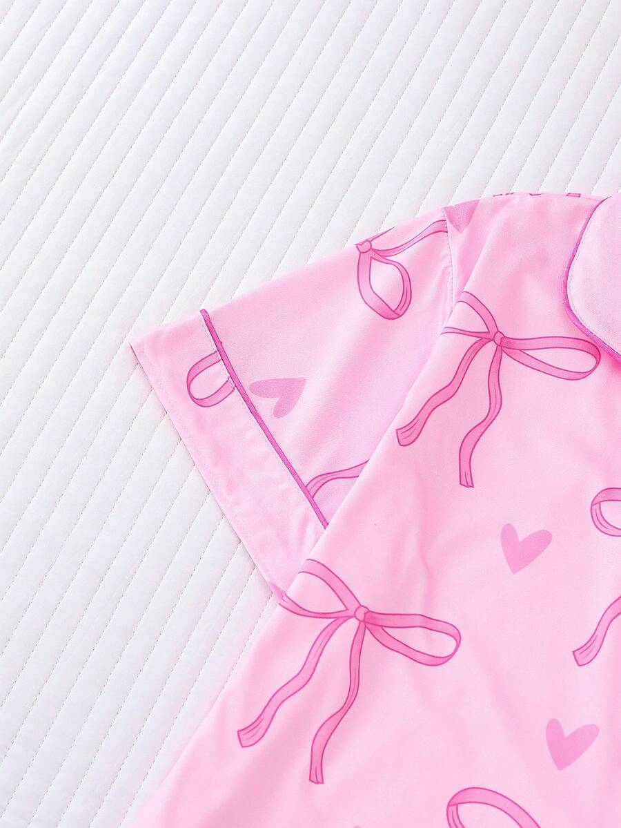 2pcs Women's Pajama Set Short Sleeve Button Shirt With Bow Print And Loose Shorts Comfortable Casual Loungewear Sleepwear All Seasons