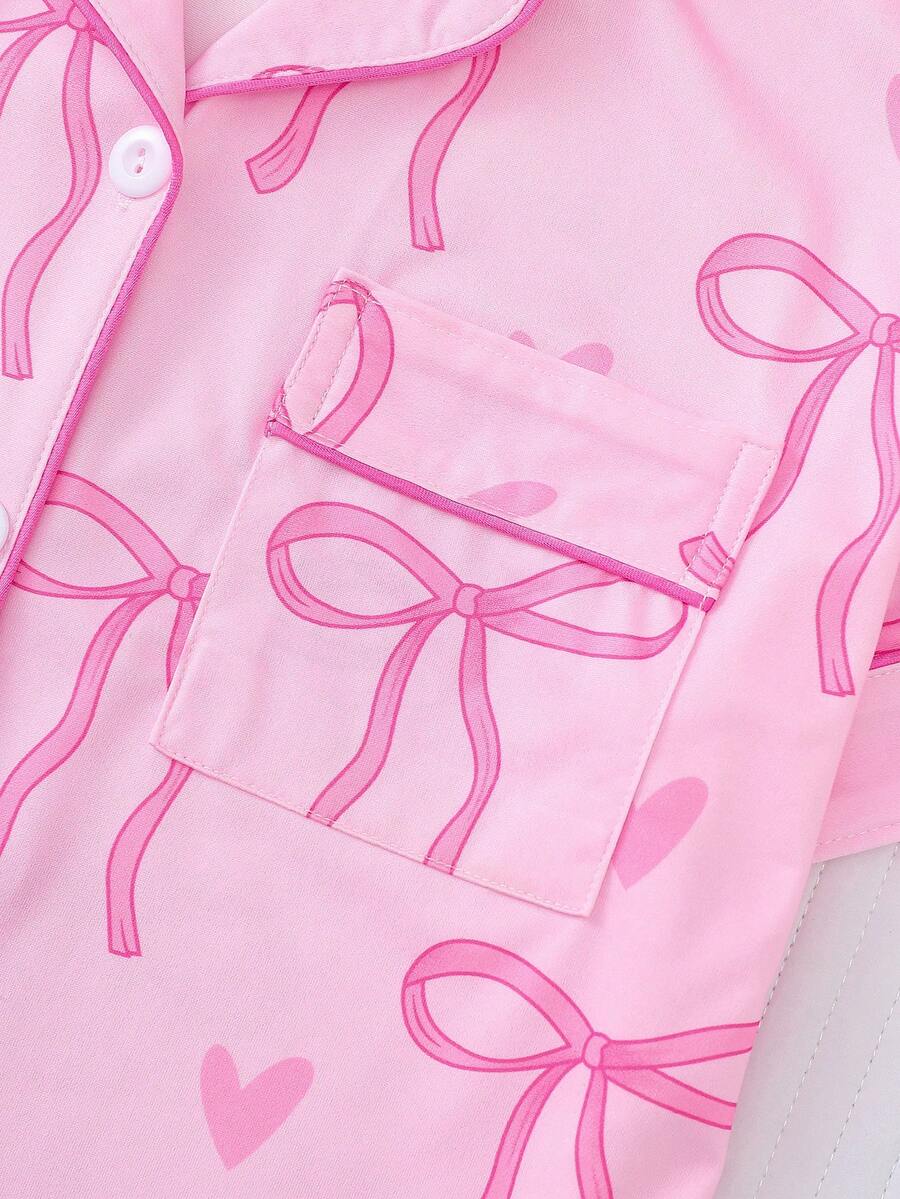 2pcs Women's Pajama Set Short Sleeve Button Shirt With Bow Print And Loose Shorts Comfortable Casual Loungewear Sleepwear All Seasons