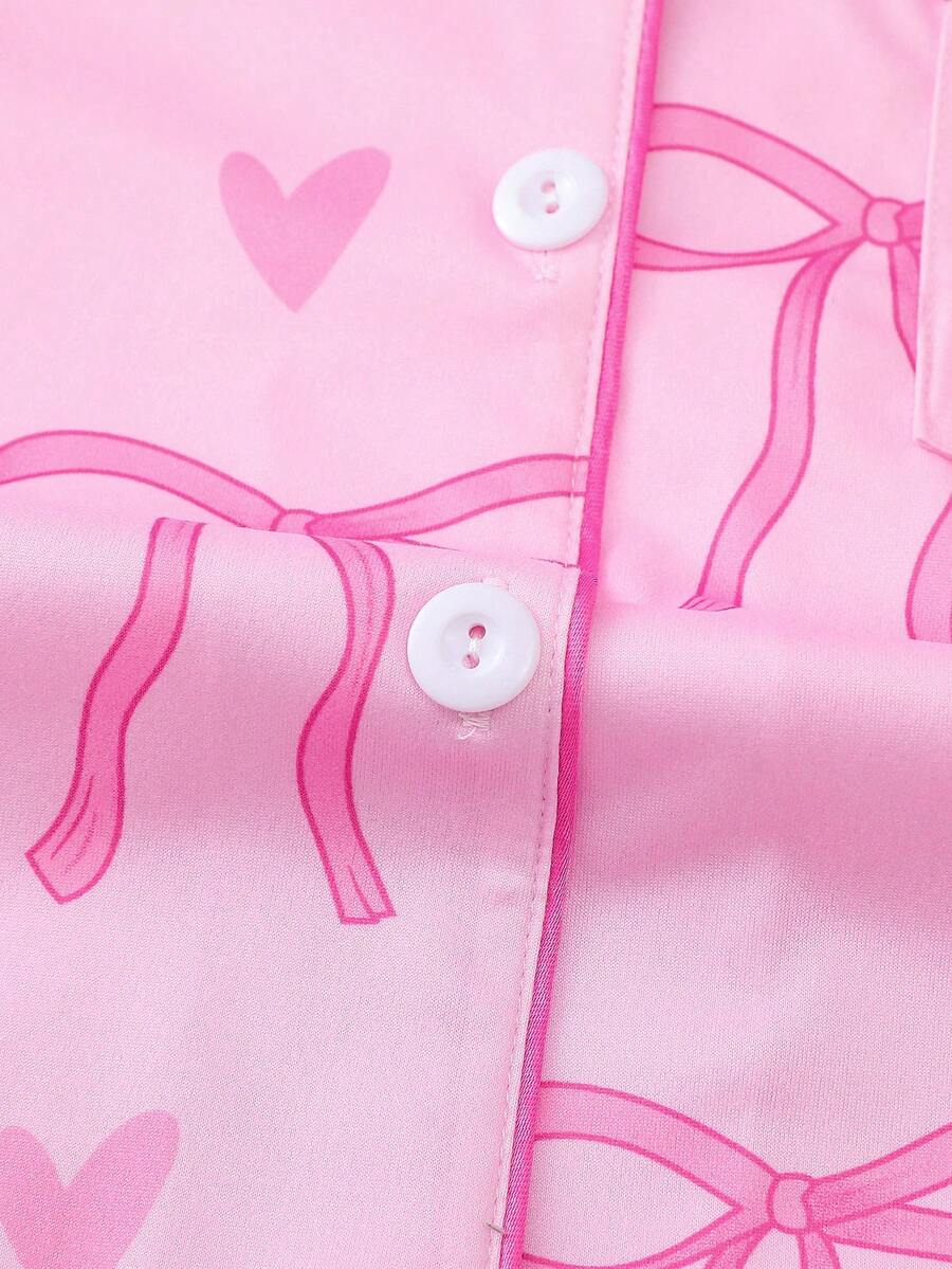 2pcs Women's Pajama Set Short Sleeve Button Shirt With Bow Print And Loose Shorts Comfortable Casual Loungewear Sleepwear All Seasons
