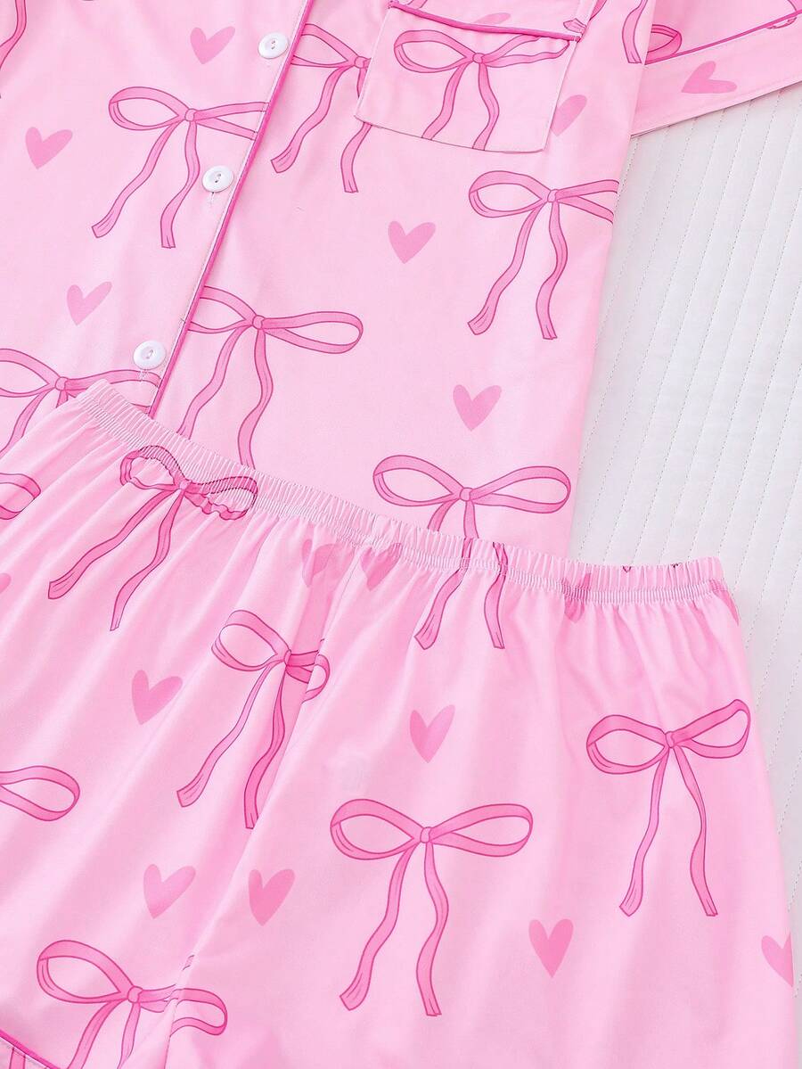 2pcs Women's Pajama Set Short Sleeve Button Shirt With Bow Print And Loose Shorts Comfortable Casual Loungewear Sleepwear All Seasons