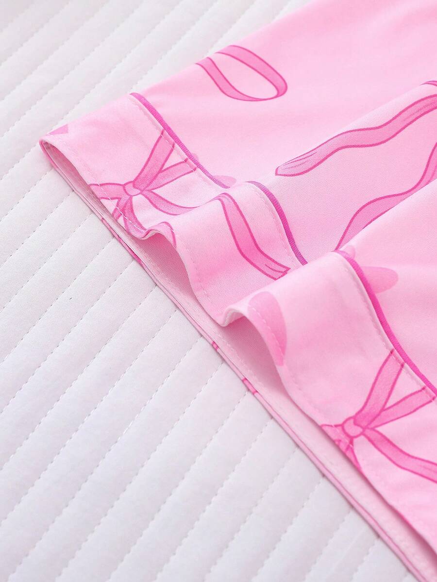 2pcs Women's Pajama Set Short Sleeve Button Shirt With Bow Print And Loose Shorts Comfortable Casual Loungewear Sleepwear All Seasons