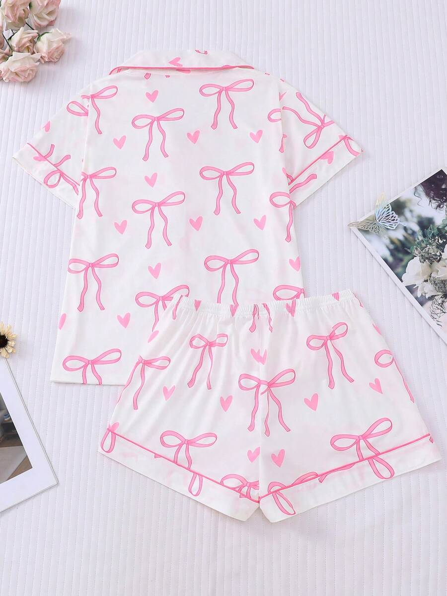 2pcs Women's Pajama Set Short Sleeve Button Shirt With Bow Print And Loose Shorts Comfortable Casual Loungewear Sleepwear All Seasons
