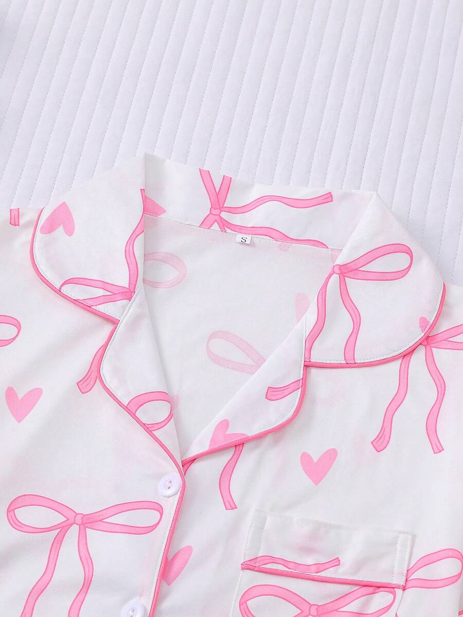 2pcs Women's Pajama Set Short Sleeve Button Shirt With Bow Print And Loose Shorts Comfortable Casual Loungewear Sleepwear All Seasons