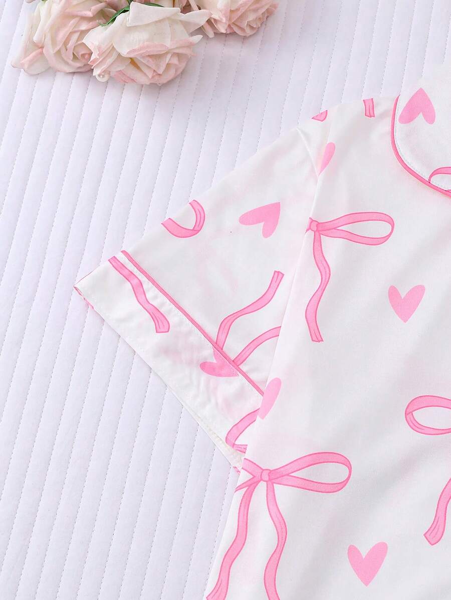 2pcs Women's Pajama Set Short Sleeve Button Shirt With Bow Print And Loose Shorts Comfortable Casual Loungewear Sleepwear All Seasons