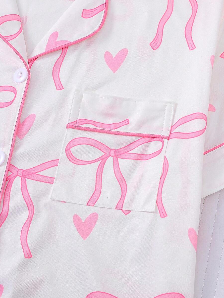 2pcs Women's Pajama Set Short Sleeve Button Shirt With Bow Print And Loose Shorts Comfortable Casual Loungewear Sleepwear All Seasons