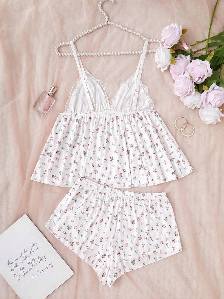 Women's Ditsy Floral Pajama Set Lace Trim Camisole And Shorts Deep V Neck Ruffle Hem Romantic Sleepwear Holiday Vacation Nightwear