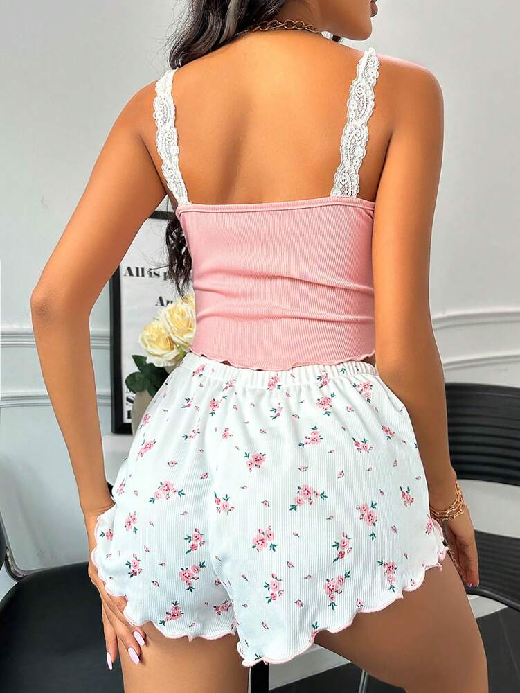 Women's Floral Print Pajama Set With Lace Trim Bow Front Camisole And Shorts Elegant Sleepwear Outfit Summer Holiday Vacation Wear