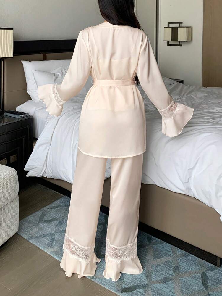 Women's 3pcs Pajama Set Lace Patchwork Ruffle Sleeve Robe Camisole Top And Pants Elegant Romantic Sleepwear Outfit Vacation Nightwear