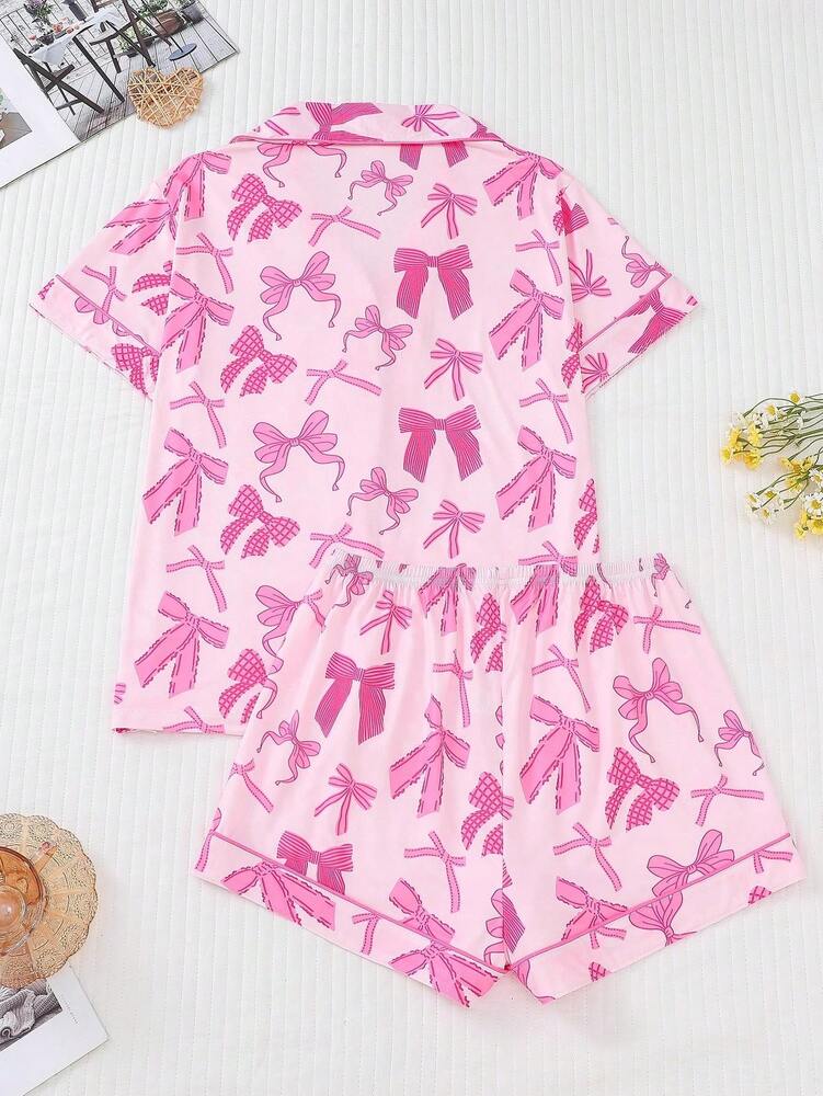 2pcs Women's Pajama Set Short Sleeve Button Shirt With Bow Print And Loose Shorts Comfortable Casual Loungewear Sleepwear All Seasons