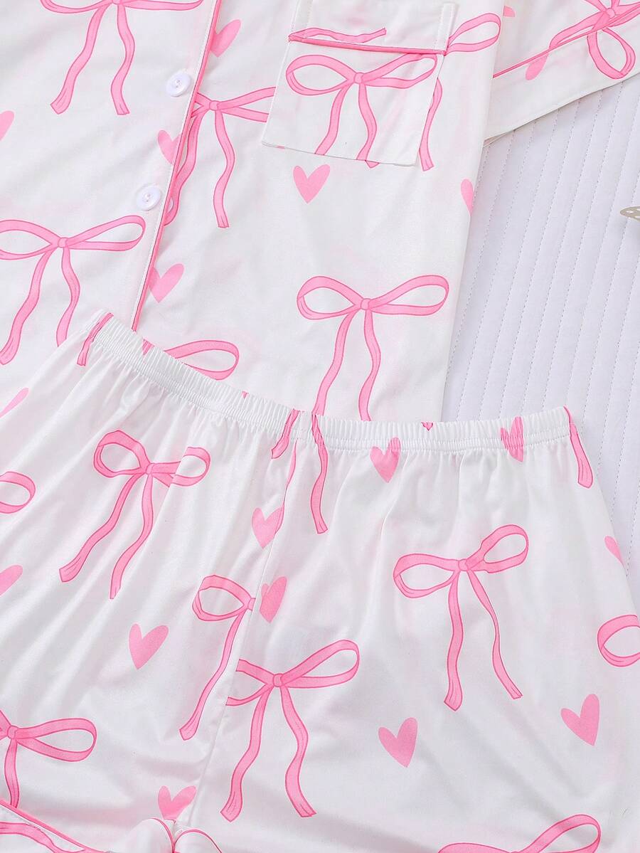 2pcs Women's Pajama Set Short Sleeve Button Shirt With Bow Print And Loose Shorts Comfortable Casual Loungewear Sleepwear All Seasons