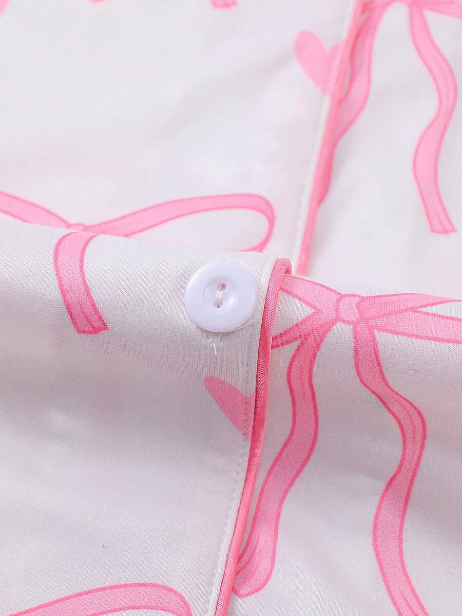2pcs Women's Pajama Set Short Sleeve Button Shirt With Bow Print And Loose Shorts Comfortable Casual Loungewear Sleepwear All Seasons