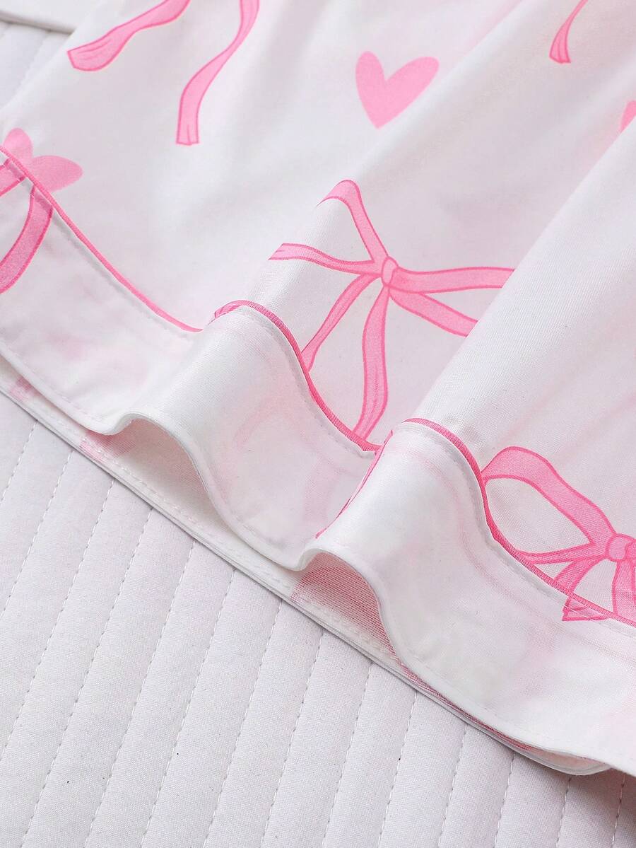 2pcs Women's Pajama Set Short Sleeve Button Shirt With Bow Print And Loose Shorts Comfortable Casual Loungewear Sleepwear All Seasons