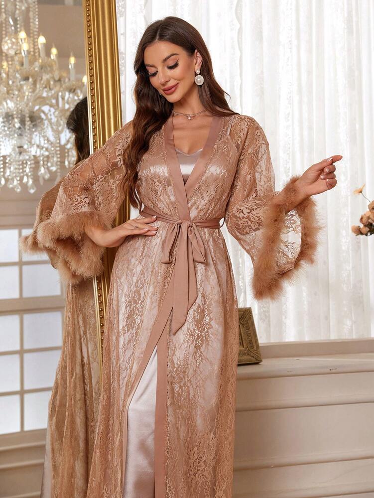 Women's 3pcs Pajama Set Satin Robe With Lace Contrast Camisole Nightgown And Shorts Elegant Sleepwear Outfit Vacation Holiday Nightwear