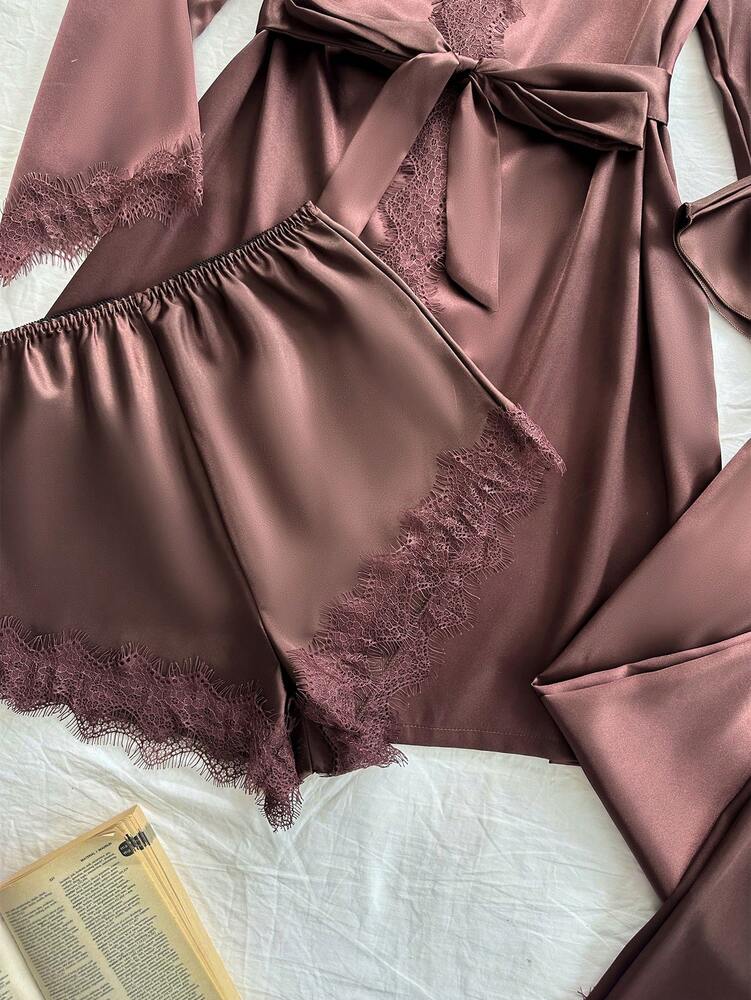 Women's 4pcs Pajama Set Sexy Lace Camisole Floral Trim Shorts Pants And Satin Robe Coffee Color Elegant Sleepwear Outfit Fall Casual