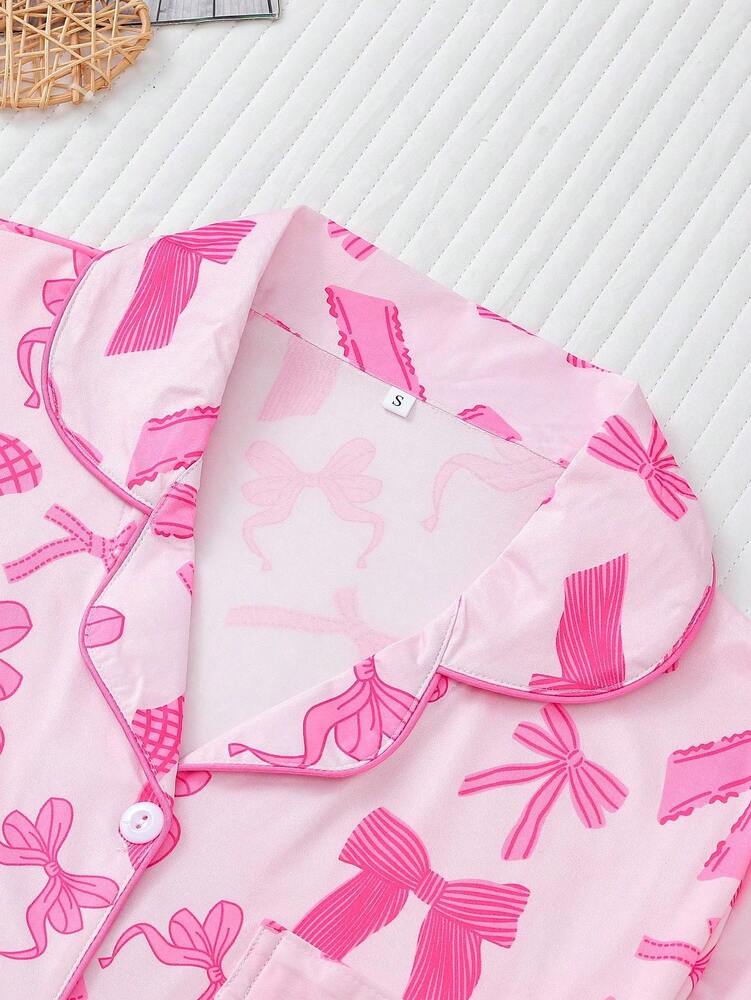2pcs Women's Pajama Set Short Sleeve Button Shirt With Bow Print And Loose Shorts Comfortable Casual Loungewear Sleepwear All Seasons