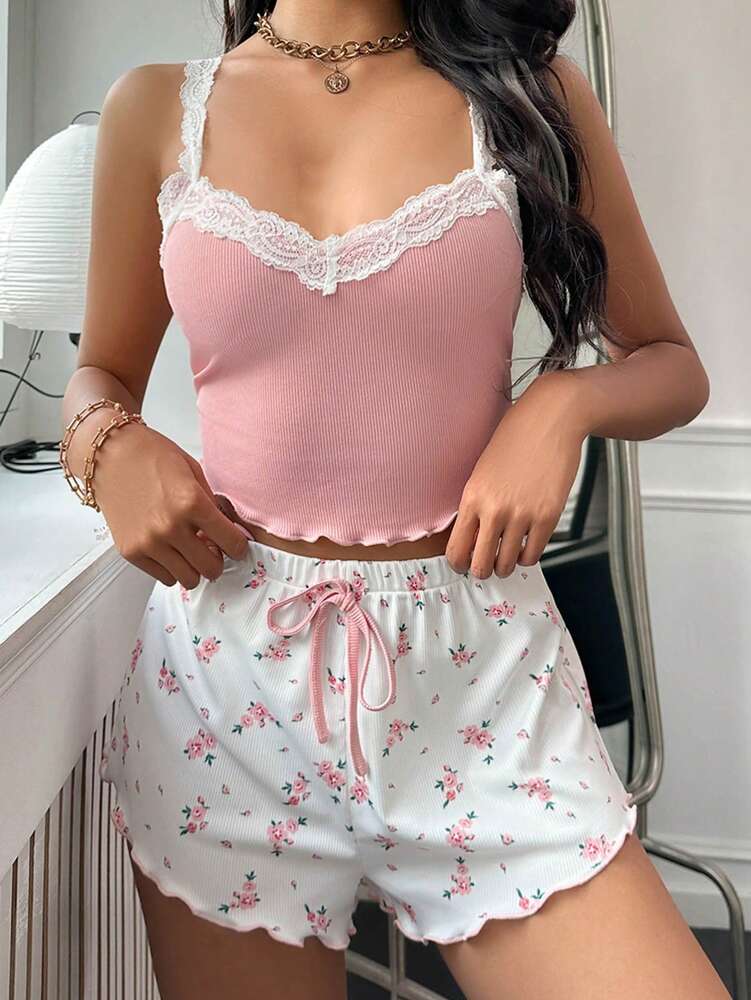 Women's Floral Print Pajama Set With Lace Trim Bow Front Camisole And Shorts Elegant Sleepwear Outfit Summer Holiday Vacation Wear