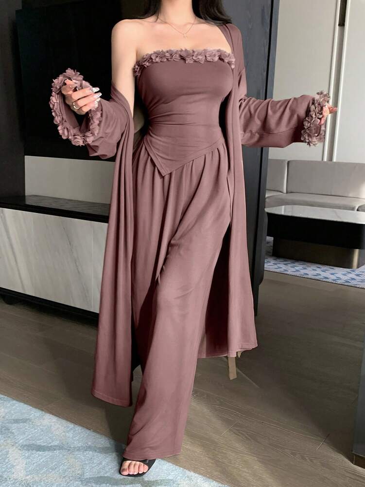 Women's 3pcs Home Outfit Romantic Pajama Set Loose Cardigan Jacket Bustier Top With Asymmetrical Hem And Wide Leg Pants Fall Fashion