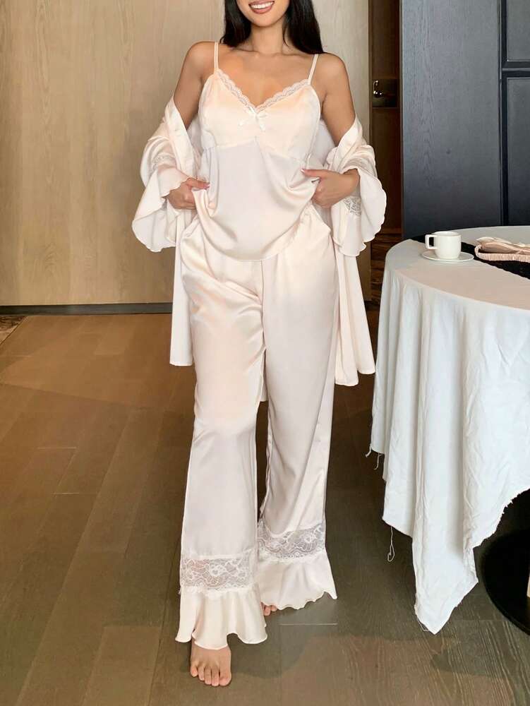 Women's 3pcs Pajama Set Lace Patchwork Ruffle Sleeve Robe Camisole Top And Pants Elegant Romantic Sleepwear Outfit Vacation Nightwear