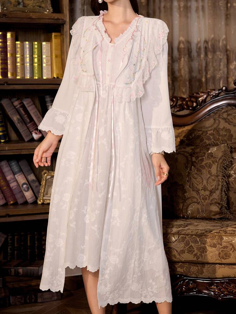 Women's 3pcs Pajama Set With Embroidered Floral Decor Camisole Nightgown And Robe Elegant Romantic Sleepwear Outfit Vacation Holiday