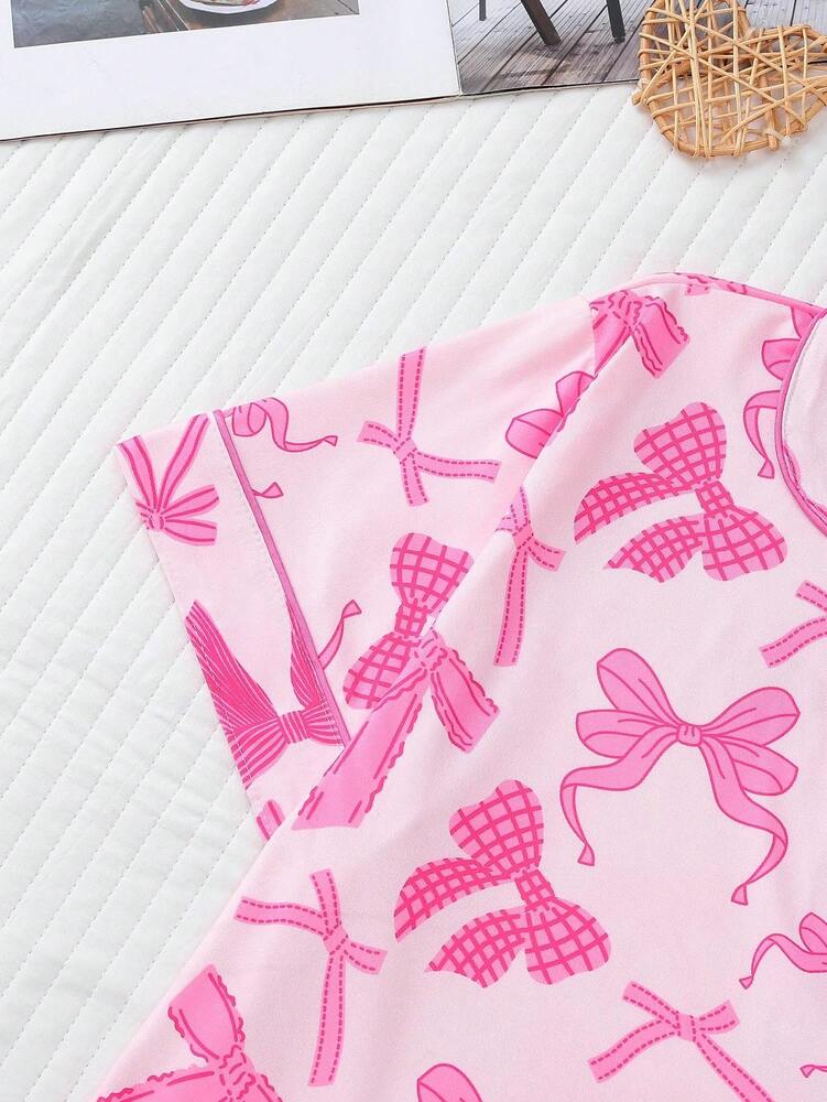 2pcs Women's Pajama Set Short Sleeve Button Shirt With Bow Print And Loose Shorts Comfortable Casual Loungewear Sleepwear All Seasons