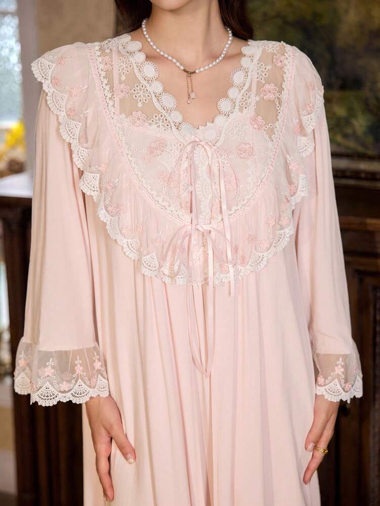 Women's 2pcs Pajama Set Floral Embroidered Cami Nightgown And Lace Splice Robe Elegant Sleepwear Outfit Romantic Fall Casual Nightwear