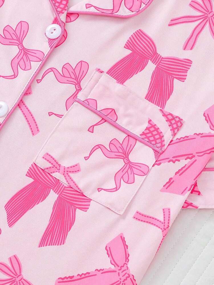 2pcs Women's Pajama Set Short Sleeve Button Shirt With Bow Print And Loose Shorts Comfortable Casual Loungewear Sleepwear All Seasons