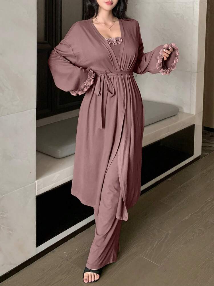 Women's 3pcs Home Outfit Romantic Pajama Set Loose Cardigan Jacket Bustier Top With Asymmetrical Hem And Wide Leg Pants Fall Fashion