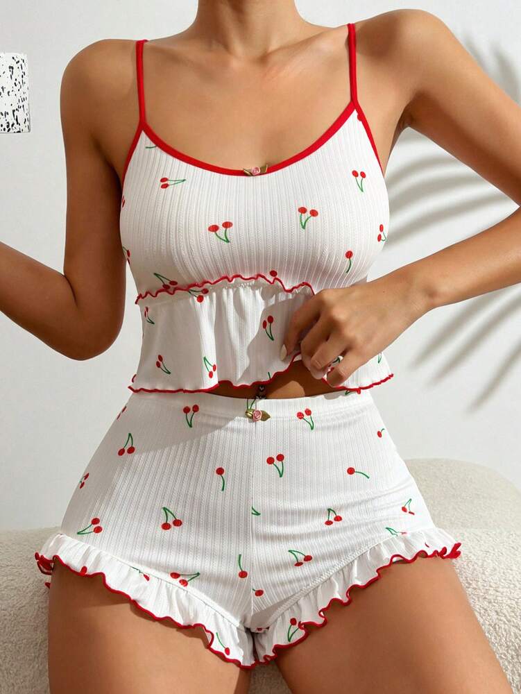 Women's White Cherry Print Pajama Set With Frill Edge Camisole And Shorts Cute Summer Sleepwear Casual Vacation Nightwear For Girls