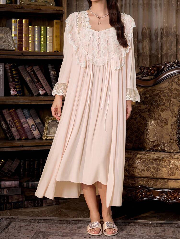 Women's 2pcs Pajama Set Floral Embroidered Cami Nightgown And Lace Splice Robe Elegant Sleepwear Outfit Romantic Fall Casual Nightwear