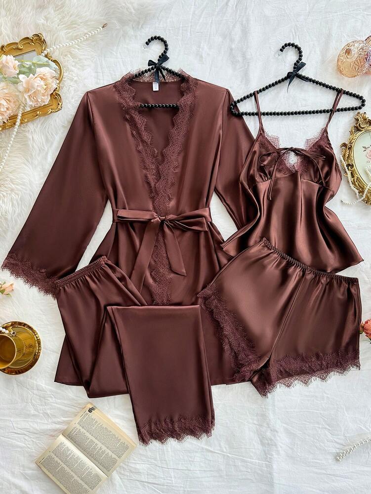 Women's 4pcs Pajama Set Sexy Lace Camisole Floral Trim Shorts Pants And Satin Robe Coffee Color Elegant Sleepwear Outfit Fall Casual