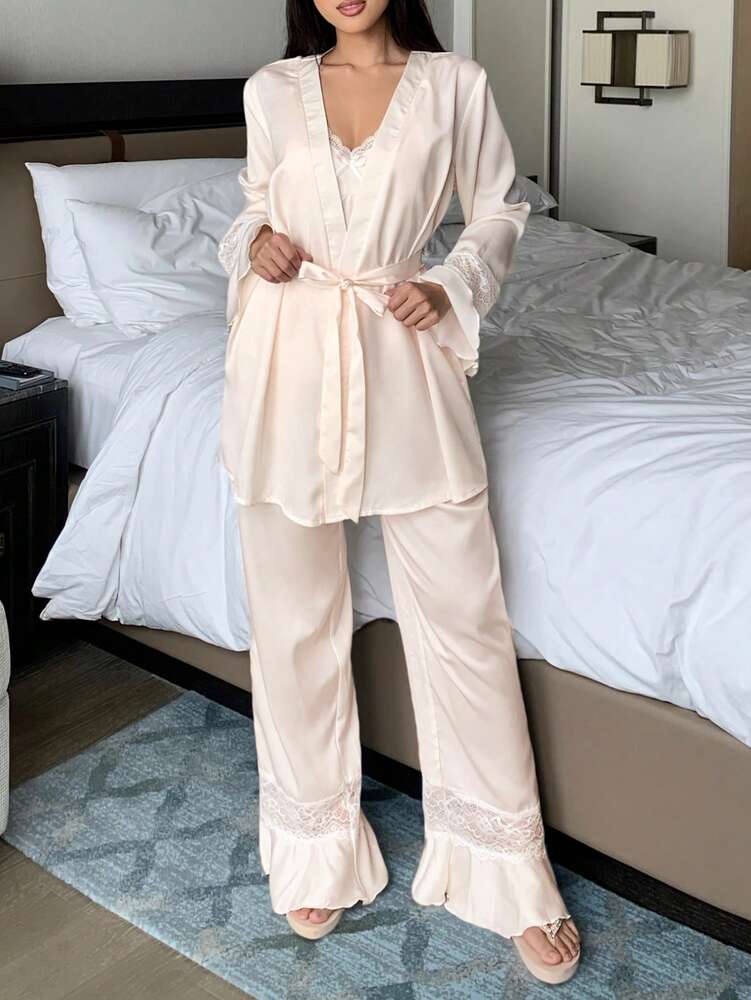 Women's 3pcs Pajama Set Lace Patchwork Ruffle Sleeve Robe Camisole Top And Pants Elegant Romantic Sleepwear Outfit Vacation Nightwear