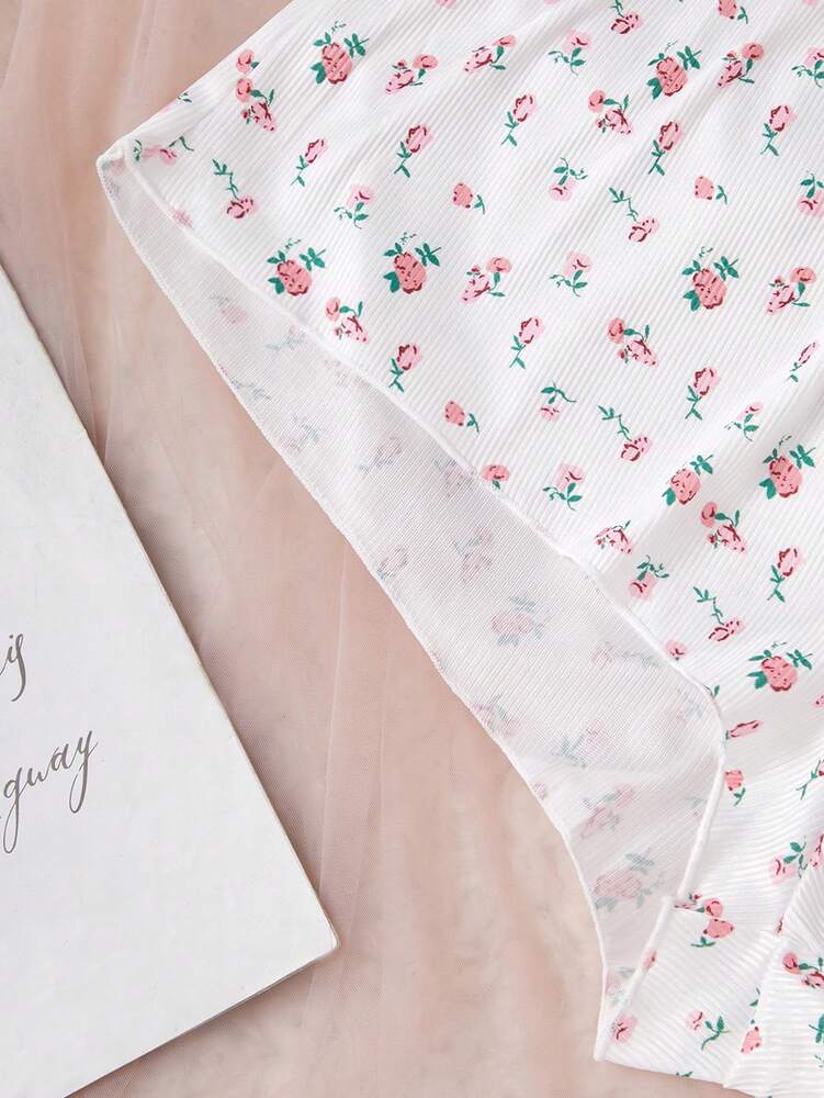 Women's Ditsy Floral Pajama Set Lace Trim Camisole And Shorts Deep V Neck Ruffle Hem Romantic Sleepwear Holiday Vacation Nightwear