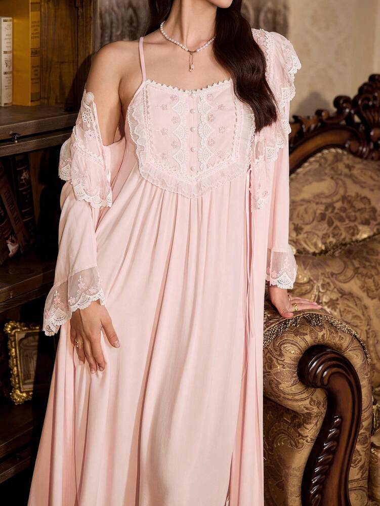 Women's 2pcs Pajama Set Floral Embroidered Cami Nightgown And Lace Splice Robe Elegant Sleepwear Outfit Romantic Fall Casual Nightwear