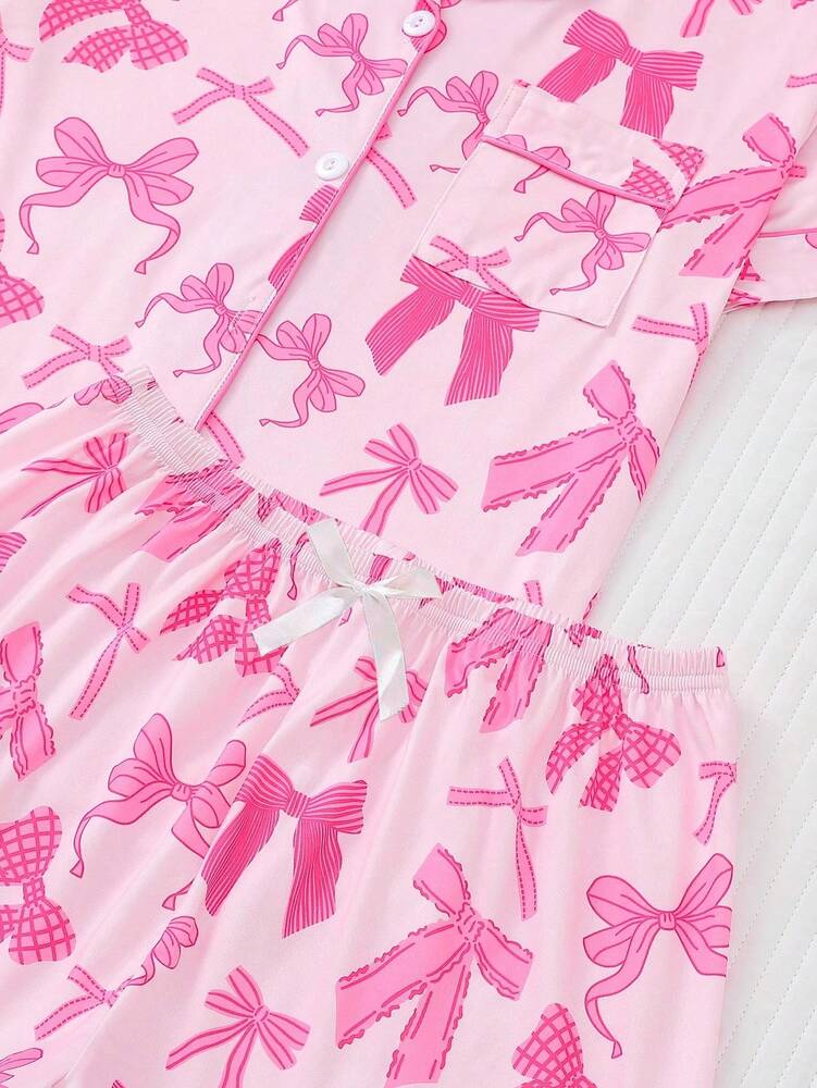 2pcs Women's Pajama Set Short Sleeve Button Shirt With Bow Print And Loose Shorts Comfortable Casual Loungewear Sleepwear All Seasons