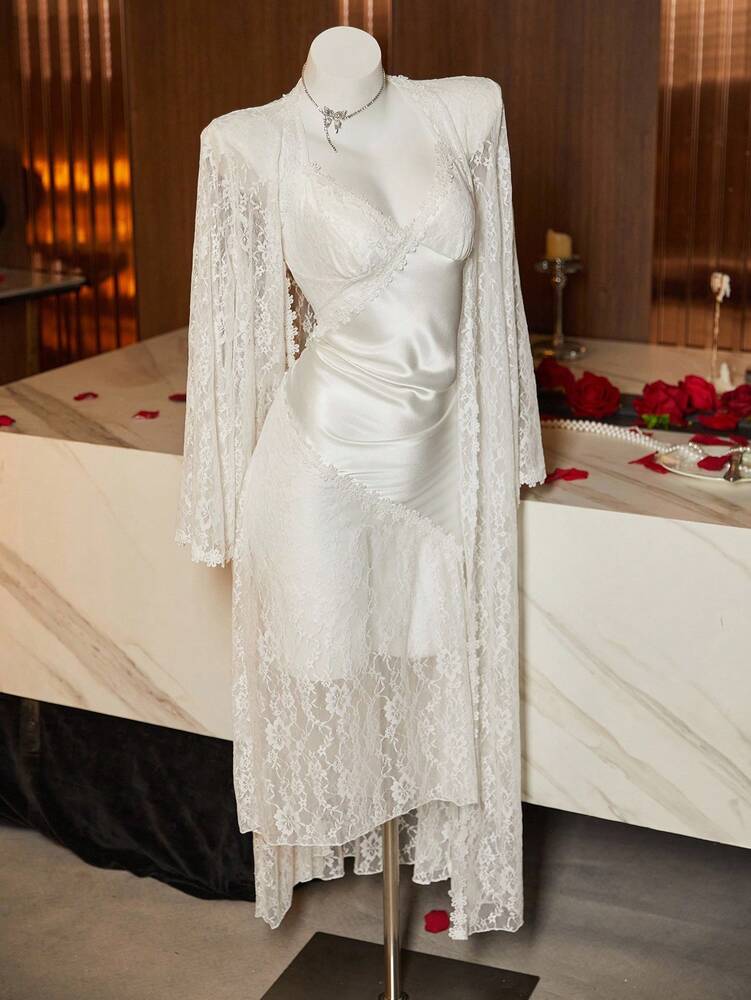 Women's Lace Satin Pajama Set White Lace Nightgown With Robe Sexy Sleepwear Outfit Elegant Loungewear For Women Summer Vacation