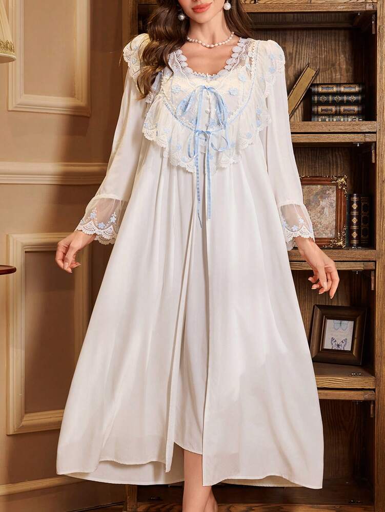 Women's 2pcs Pajama Set Floral Embroidered Cami Nightgown And Lace Splice Robe Elegant Sleepwear Outfit Romantic Fall Casual Nightwear
