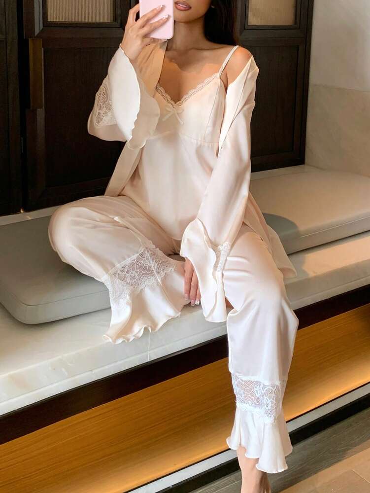 Women's 3pcs Pajama Set Lace Patchwork Ruffle Sleeve Robe Camisole Top And Pants Elegant Romantic Sleepwear Outfit Vacation Nightwear