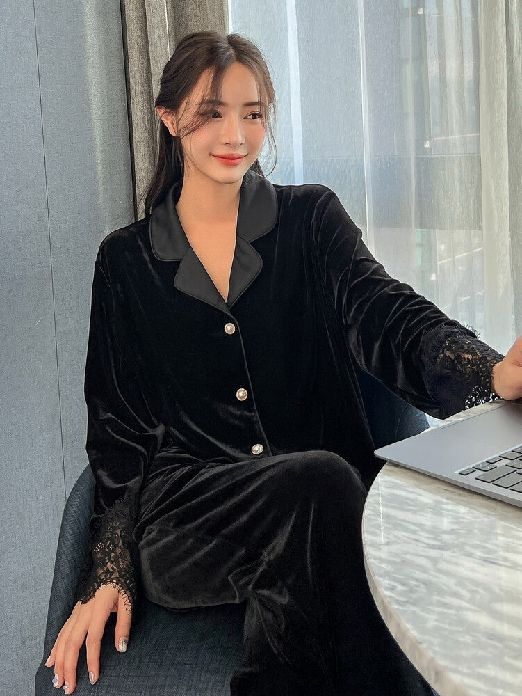 Women's Velvet Pajama Set With Lapel Neck Lace Panel Elegant Two Piece Loungewear Outfit Winter Nightwear Cozy Fashionable Clothing