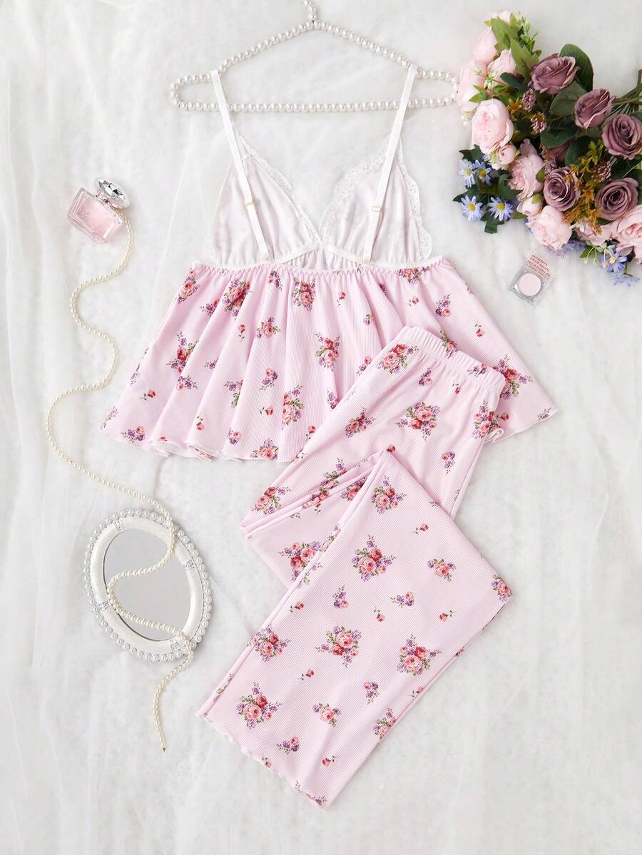 Women's Ditsy Floral Pajama Set V Neck Lace Patchwork Camisole And Pants Elegant Sleepwear Outfit Romantic Vacation Nightwear For Ladies