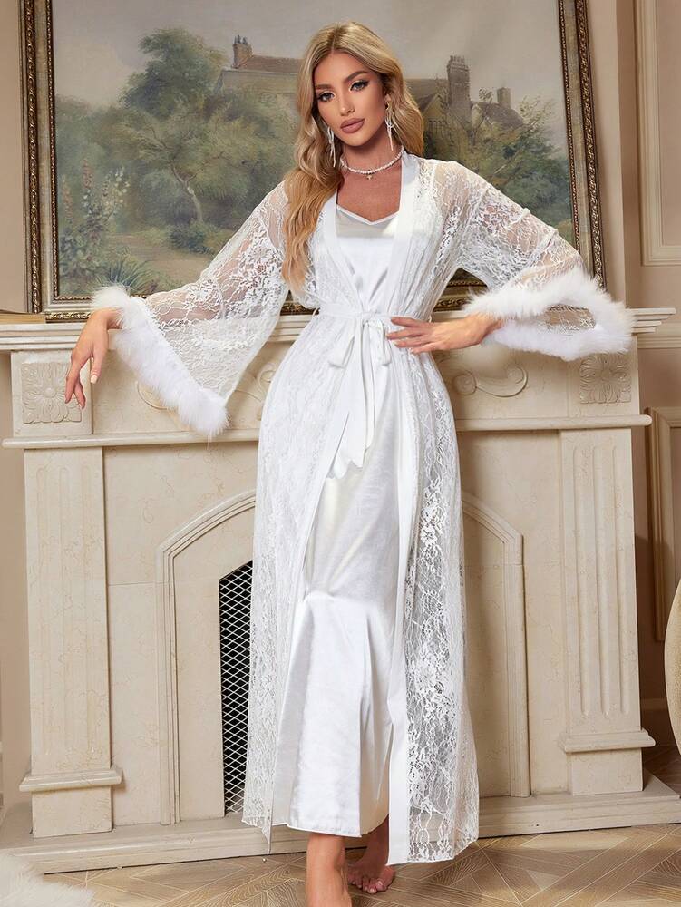 Women's 3pcs Pajama Set Satin Robe With Lace Contrast Camisole Nightgown And Shorts Elegant Sleepwear Outfit Vacation Holiday Nightwear