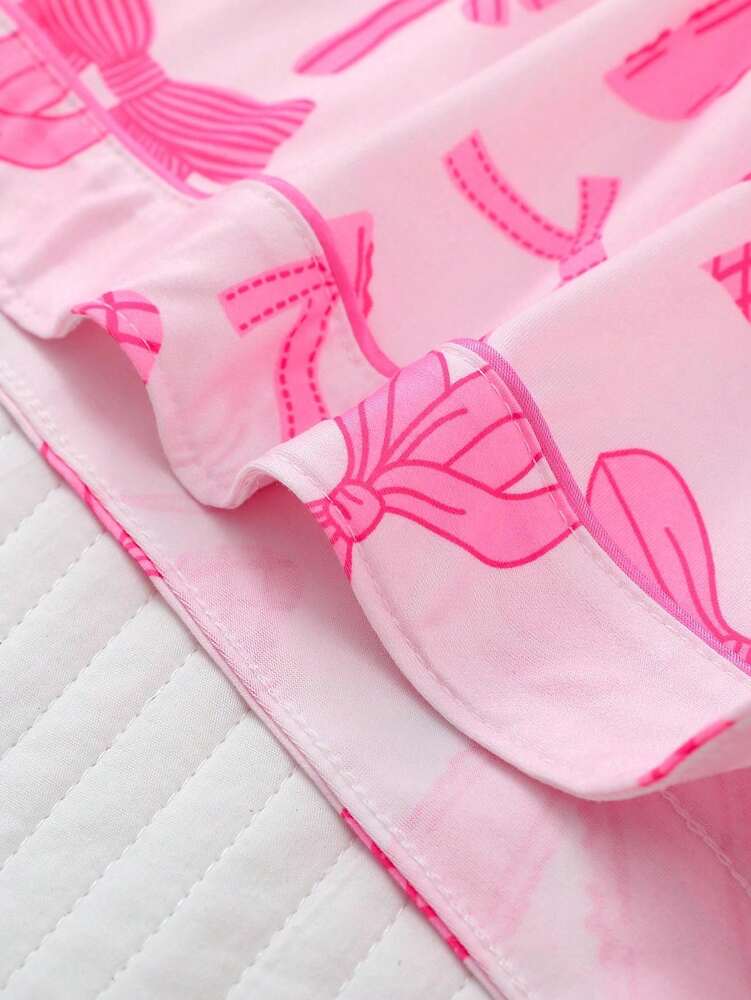 2pcs Women's Pajama Set Short Sleeve Button Shirt With Bow Print And Loose Shorts Comfortable Casual Loungewear Sleepwear All Seasons